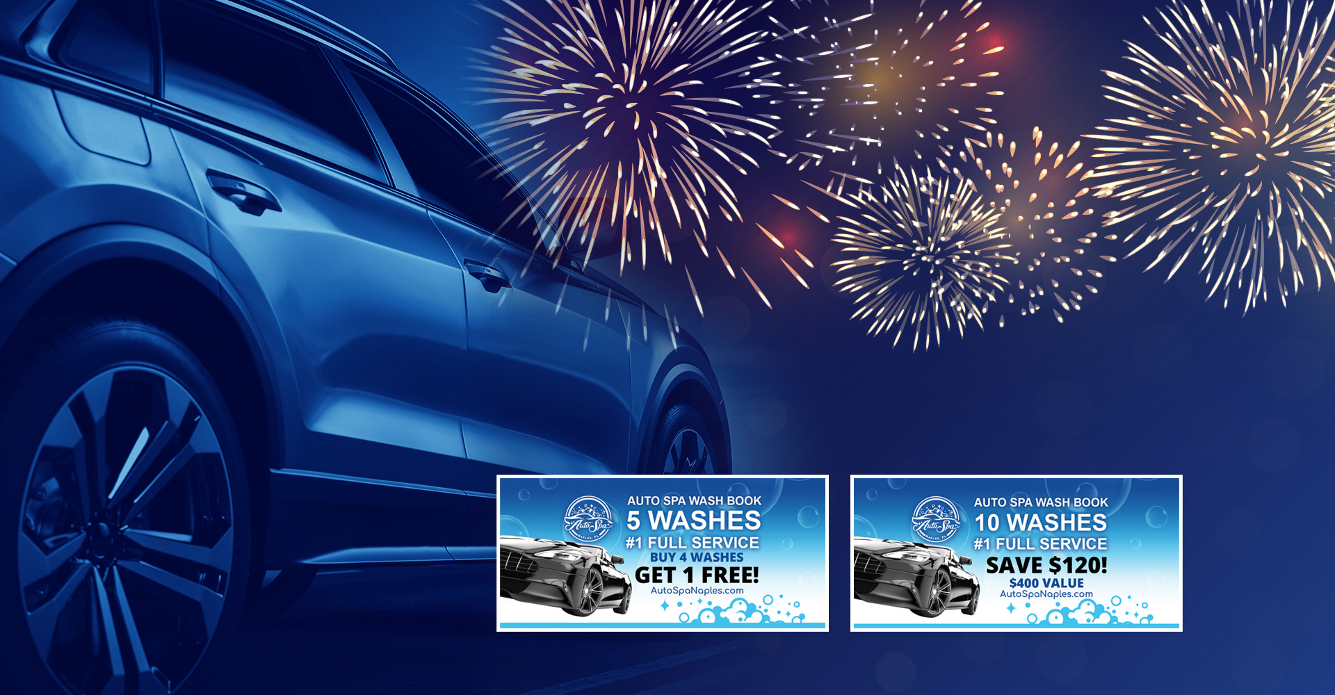 Auto Spa Wash Books shows a car and fireworks with a blue overlay and the Wash Book coupon books.